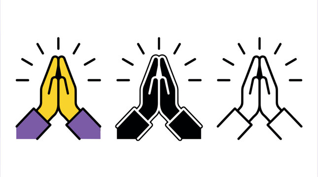 Vector illustration set of hands pressed together in a praying gesture, shown in flat color, solid black silhouette, and outline icon styles.