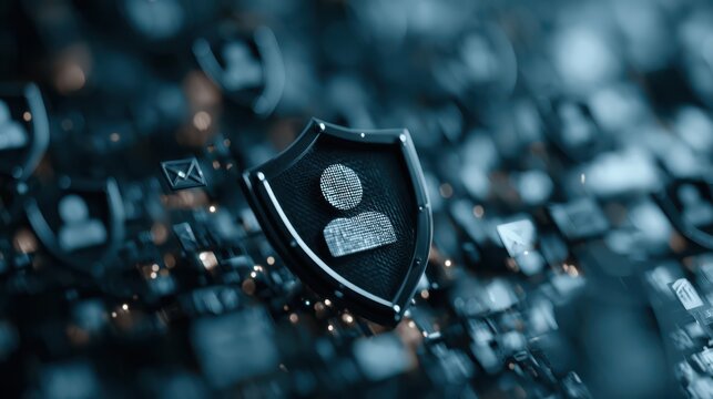 A digital shield icon with a user profile symbolizes cybersecurity and data protection on a blurred technological background.