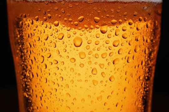 Close-up view of amber beer in glass with condensation droplets. Refreshing cold beverage surface detail. Dark background highlights liquid texture.