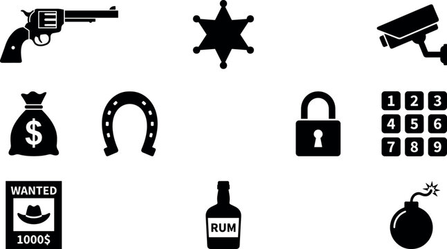 Vector illustration set of wild west and security icons featuring a revolver pistol, sheriff badge, money bag, wanted poster, and surveillance elements.