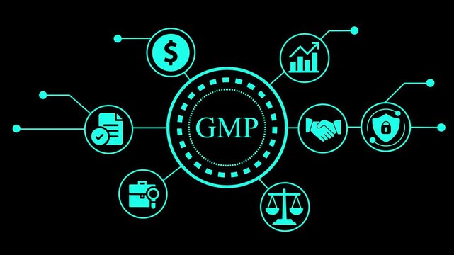 Gmp good manufacturing practice concept with business icons on digital screen