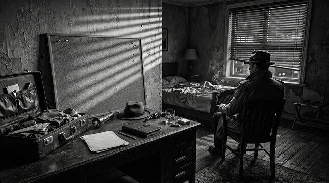 Detective office with cork board, desk, and man smoking by window.