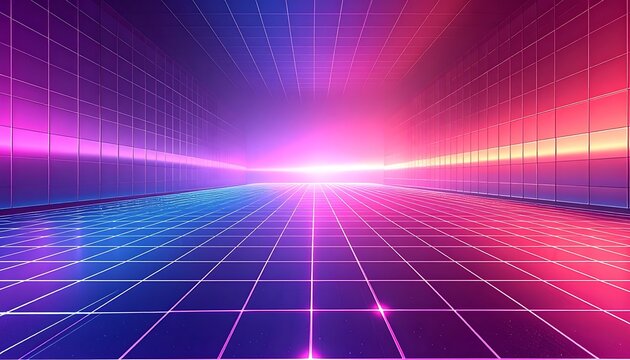 A futuristic grid floor with neon lights and vibrant colors