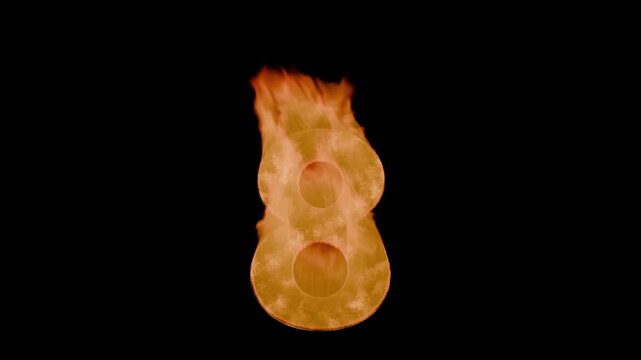 Burning digit eight 8 : charred, grainy crust with cracks and tongues of flame. Hot digit eight, tongues of flame emanate from the burning eight. Element for your motion design to overlay screen.