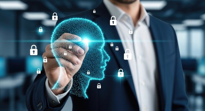 Businessman drawing glowing AI head with digital locks and network nodes for cybersecurity concept