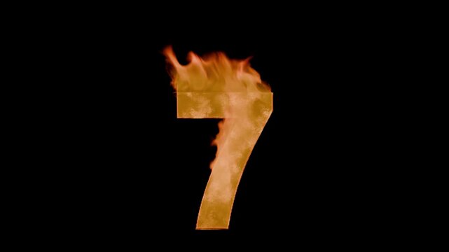 Burning digit seven 7 : charred, grainy crust with cracks and tongues of flame. Hot digit seven 7, tongues of flame emanate from the burning seven. Element for your motion design to overlay screen.
