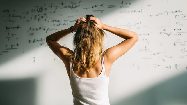 Student struggling with difficult math equations on whiteboard, feeling overwhelmed, trying to solve a complex problem