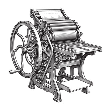 Detailed vintage black and white mechanical letterpress printing machine vector illustration