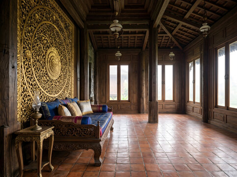 Northern Thai Heritage Resort Interior with Silk Cushions and Aged Teak Daybed Overcast Light