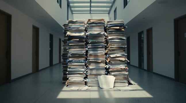 Tall stacks of papers fill an office hallway, suggesting an overwhelming amount of work and potential disorganization. Documents tower high, implying heavy workload or inefficient storage.