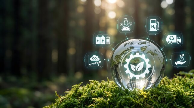 Earth globe with eco icons on mossy forest floor