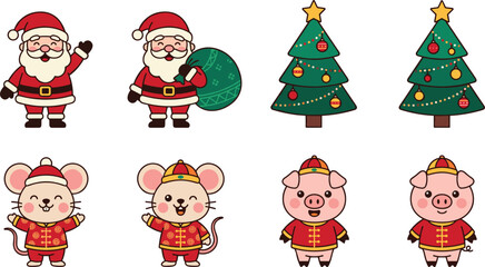 Fototapeta premium Cute Christmas and Chinese New Year Vector Character Set Featuring Santa Claus Christmas Trees Festive Mice and Pigs for Holiday Designs