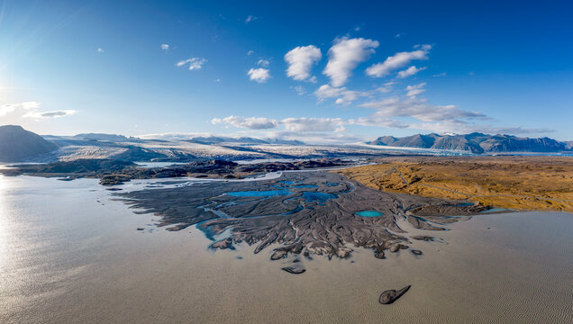Aerial view of glacial outwash plain in Vatnaj�kull Iceland