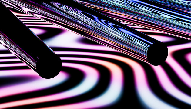 Abstract 3d rendering of neon cylinders and distorted wavy lines