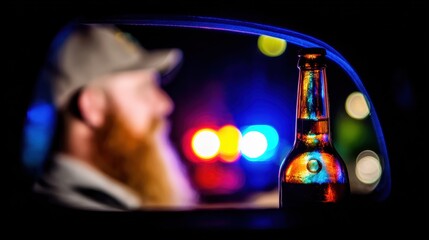 Fototapeta premium Man with a beard sits near a bottle of beer with police lights in background