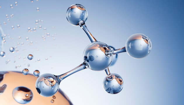 Transparent 3D water molecule structure on a blue background
