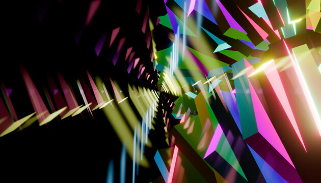 Colorful 3D abstract geometric tunnel with glowing neon light