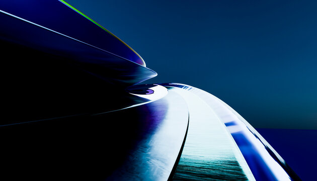 Abstract aerodynamic curve with reflective surface and blue light