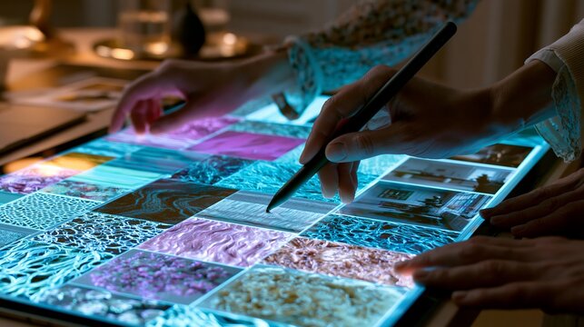 Professional designer using a digital stylus to select vibrant textured patterns on a glowing interactive light table in a studio