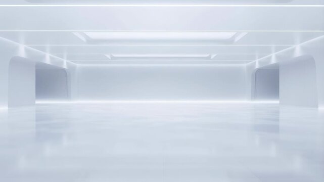 Spacious and modern empty room with bright white lighting and reflective floors. Ideal for showcasing products or creative projects in a minimalist environment