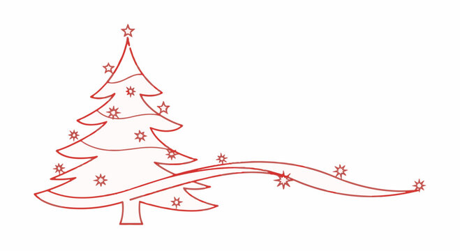 Red thin line art illustration of a stylized Christmas tree decorated with stars and a curved swoosh element, minimalist holiday graphic isolated on a white background.