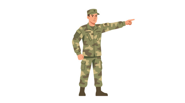Illustration of a military man in camouflage uniform pointing to the right against a plain white background.