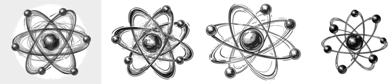 A highly detailed black-and-white vector atomic model showcases electrons orbiting around a central nucleus with intricate fine line hatching, stippling, and clean negative space on a pure white