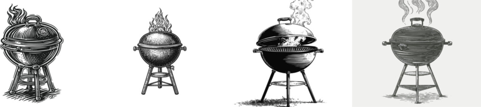 A high-contrast black and white vector illustration of a charcoal grill kettle with smoke rising from its lid, rendered in classic etching and engraving line art methods against a pure white