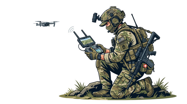 A soldier in camouflage gear kneels on a grassy terrain, operating a drone controller with a quadcopter flying nearby.