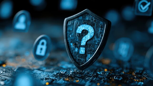 A digital shield with a question mark symbolizes cybersecurity and data protection amid secure icons in a futuristic virtual environment.