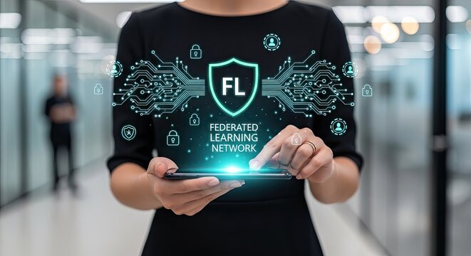 Woman's hands holding smartphone displaying federated learning network graphic with glowing connections in office background