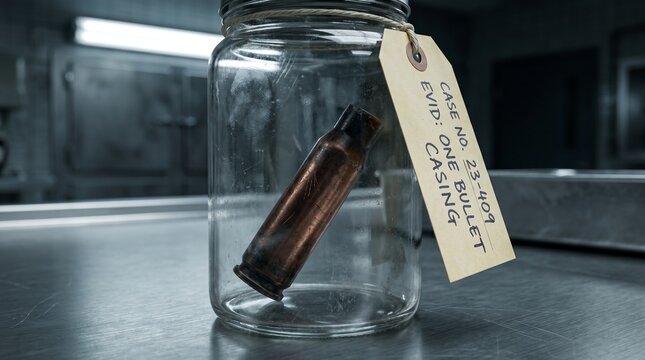 A spent rifle bullet casing sits secured inside a glass forensic evidence jar with a handwritten case label inside a sterile laboratory or morgue setting.