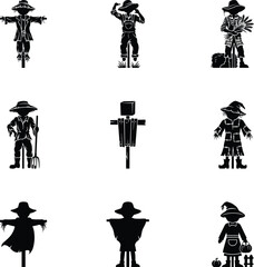 Obraz premium Scarecrow and farmer silhouettes with pitchfork, wheat bundle, pumpkins, and harvest-themed rural vector illustrations