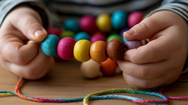 Small toddler hands carefully stringing vibrant colorful wooden beads onto a thin soft thread while sitting at a wooden table