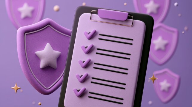 A purple clipboard with a checklist and multiple check marks is surrounded by shield icons with stars, symbolizing security and quality assurance.
