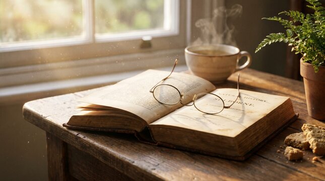 A serene morning scene with an open book, steaming cup of coffee, and glasses on a rustic wooden table by a sunny window.