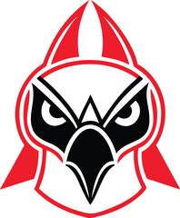 Fototapeta premium Fierce red and black eagle or hawk head logo with menacing eyes symbolizing speed, agility, and predatory power