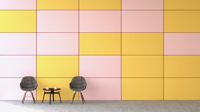 Waiting area with two chairs and a side table in front of coloured wall, 3D Rendering