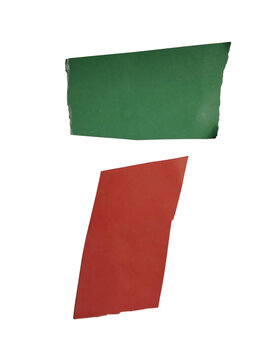 Two geometric paper shapes with a green rectangle and a red slanted quadrilateral piece for design isolated on transparent background