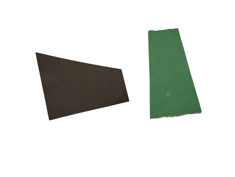 Two geometric paper shapes one dark brown trapezoid and one vertical green rectangle for design use isolated on transparent background