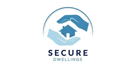 Fototapeta premium Secure Dwellings Logo Design Featuring Protective Hands Around a House Icon for Real Estate and Home Security Services