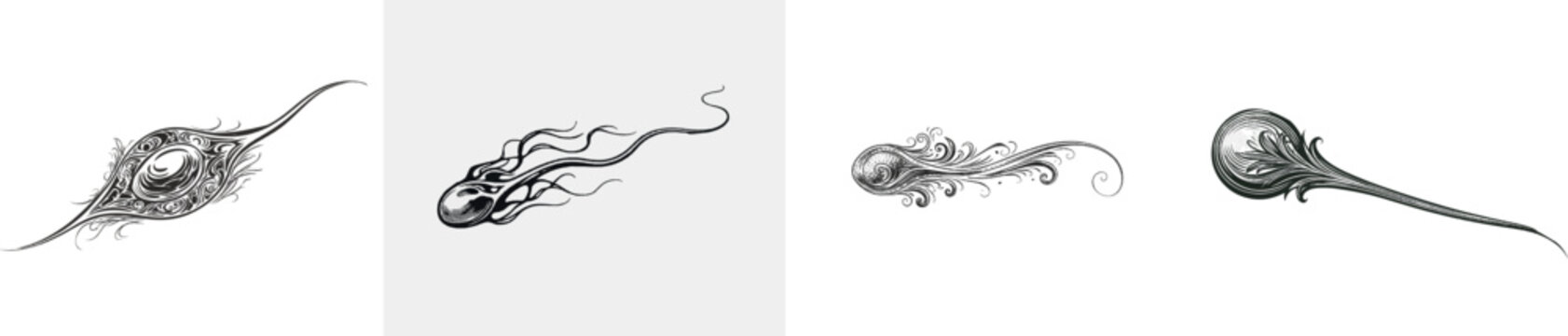 A meticulously detailed black-and-white illustration of a human sperm cell with an intricate head and long flagellum tail, rendered in a vintage medical textbook style
