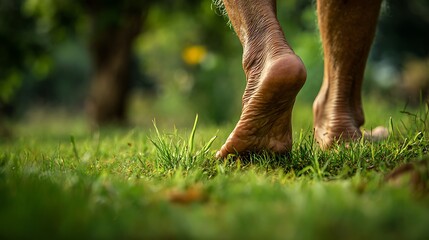 Fototapeta premium Barefoot person walking on green grass in nature.