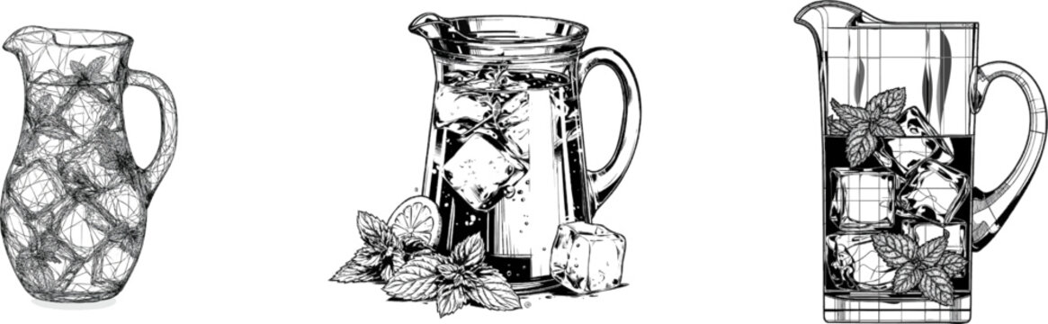 A meticulously detailed glass pitcher filled with ice cubes and mint sprigs is presented in a vintage-styled black-and-white vector tracing design, optimized for digital stock contributors