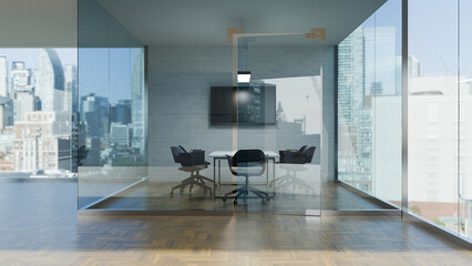 3D Render of Modern Glass Conference Room with City View and Meeting Table in High Rise Office Workspace © Prathankarnpap