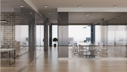 Naklejka premium 3D Render of Modern Open Office Workspace with Glass Partitions, Conference Room, and Brick Wall Interior Design