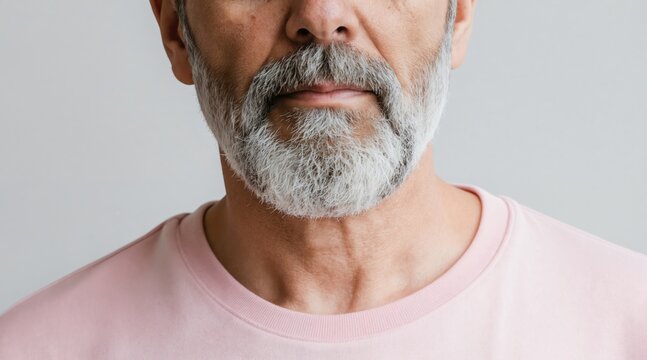 Close up man with grey beard wears pink t-shirt. Elderly man, facial hair, mature adult. Studio shot, upper body, light background. Casual style, chest, neck detail.