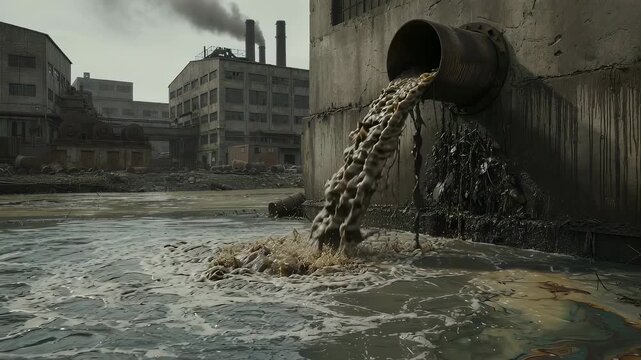 Wastewater discharging from a industrial pipe into a canal. Environmental pollution caused by factory emissions. Toxic sewage runoff flowing into a polluted river.