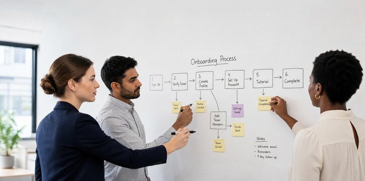 Generative AI,  Colleagues writing onboarding process flowchart on whiteboard