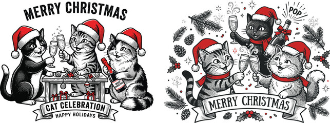 Obraz premium Festive cats in Santa hats toasting with champagne during Christmas celebrations
